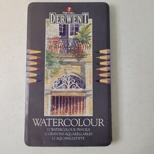 Rexel Derwent Watercolour Pencils Set of 12 with Metal Storage Tin UK Artist Vtg